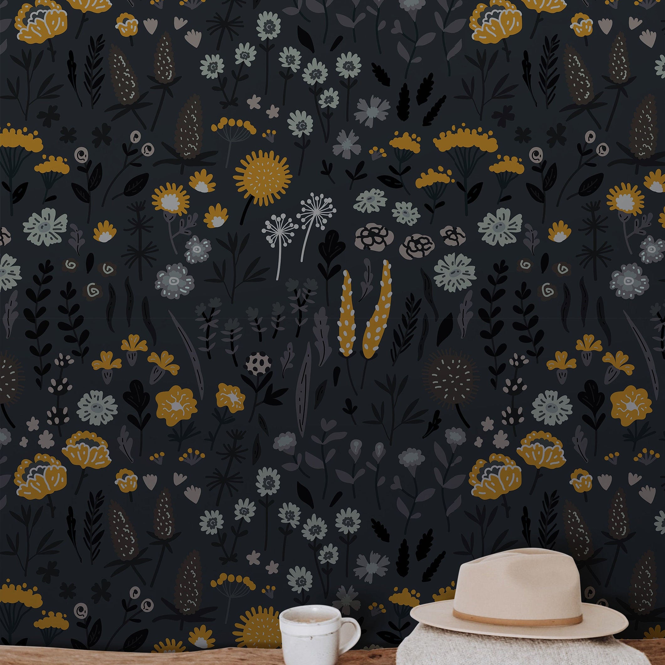 Dark Blue and Yellow Floral Garden Wallpaper Peel and Stick Wallpaper Removable Wallpaper Wall Decor Home Decor Wall Art Room Decor 865
