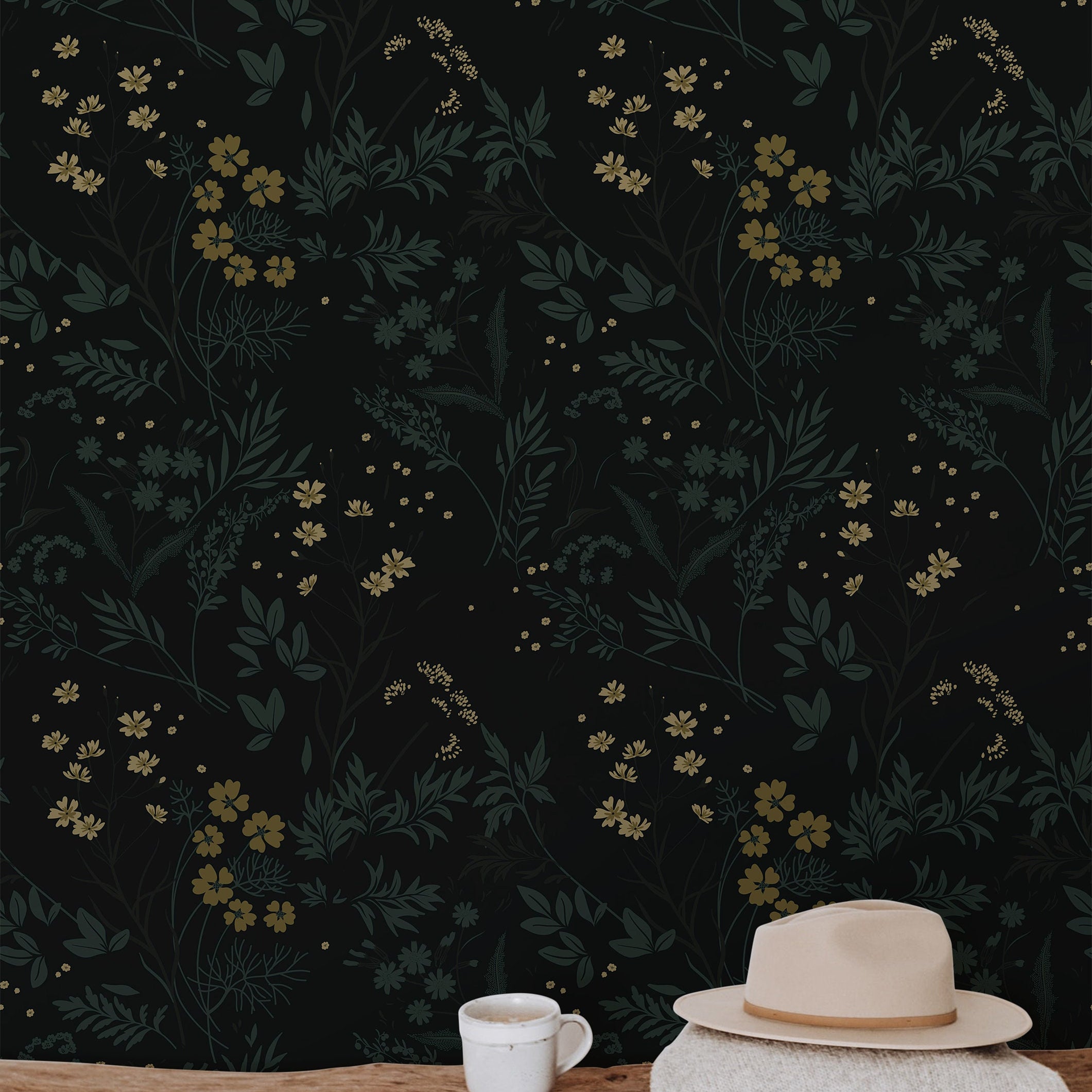 Dark Moody Garden Green Golden Floral Wallpaper Peel and Stick Wallpaper Removable Wallpaper Wall Decor Home Decor Wall Art Room Decor 863