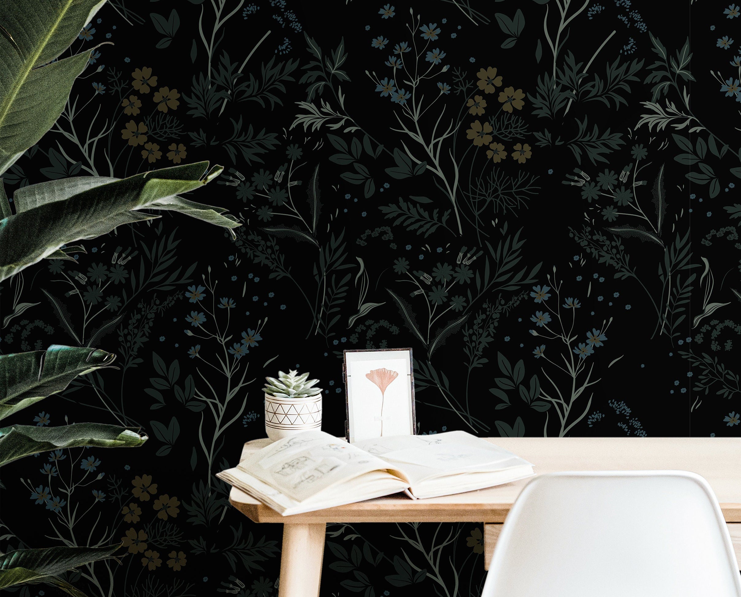Dark Moody Garden Green Blue Tan Floral Wallpaper Peel and Stick Wallpaper Removable Wallpaper Wall Decor Home Decor Wall Art Room Decor 861
