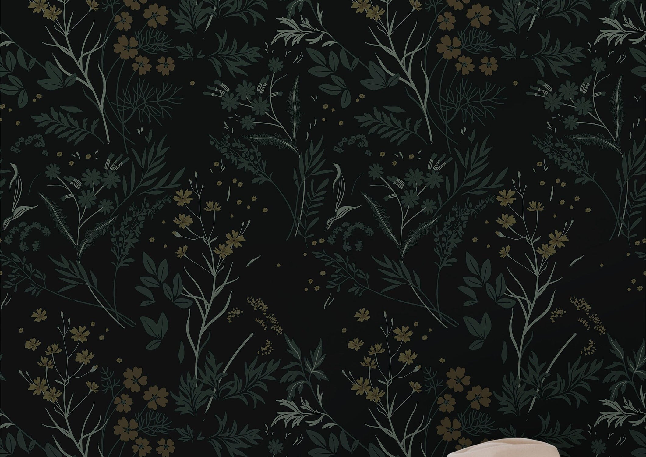 1 Panel of 24in (2ft) x 36in (3ft) Dark Moody Garden Green Tan Floral DISCOUNTED Peel and Stick Wallpaper 862