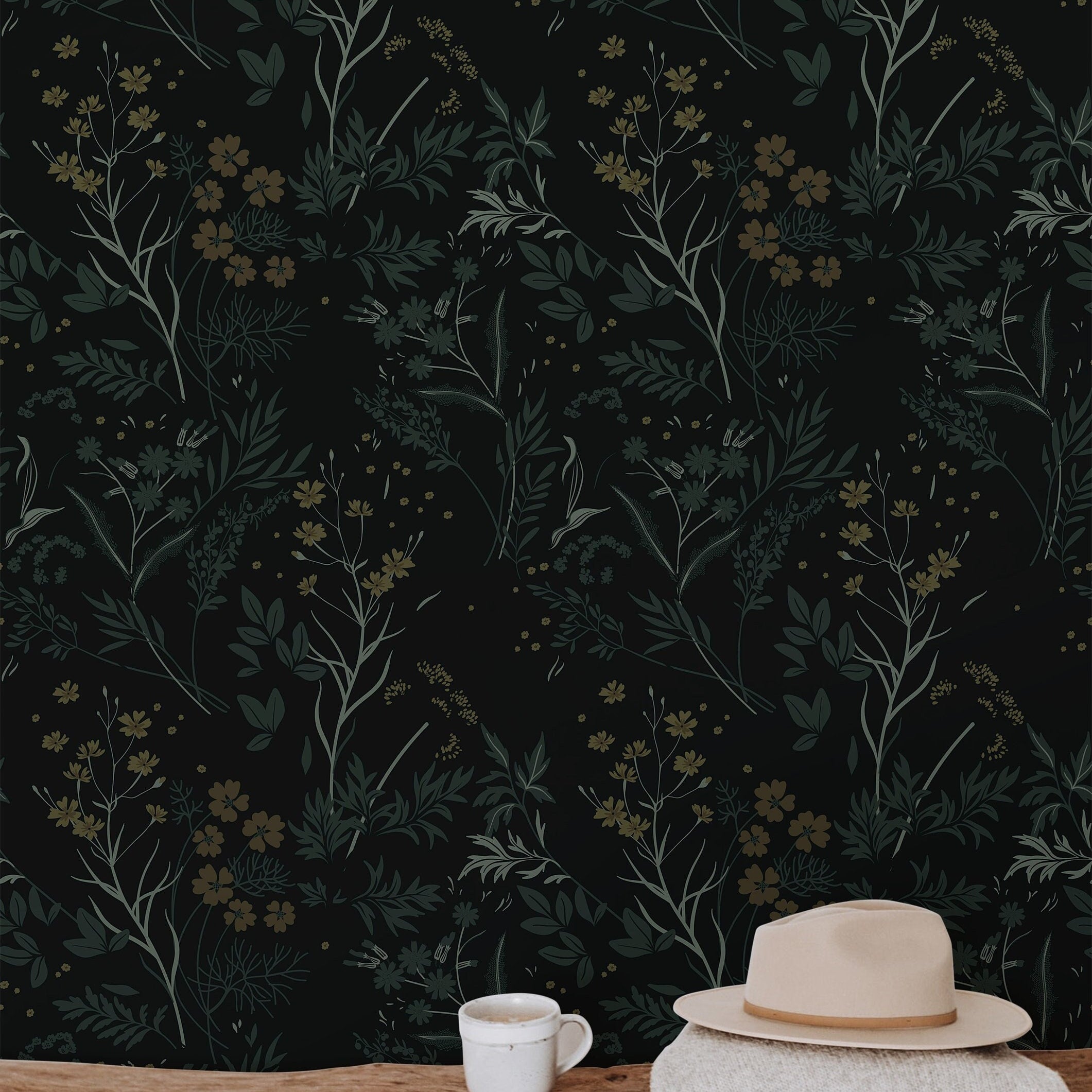 1 Panel of 24in (2ft) x 36in (3ft) Dark Moody Garden Green Tan Floral DISCOUNTED Peel and Stick Wallpaper 862
