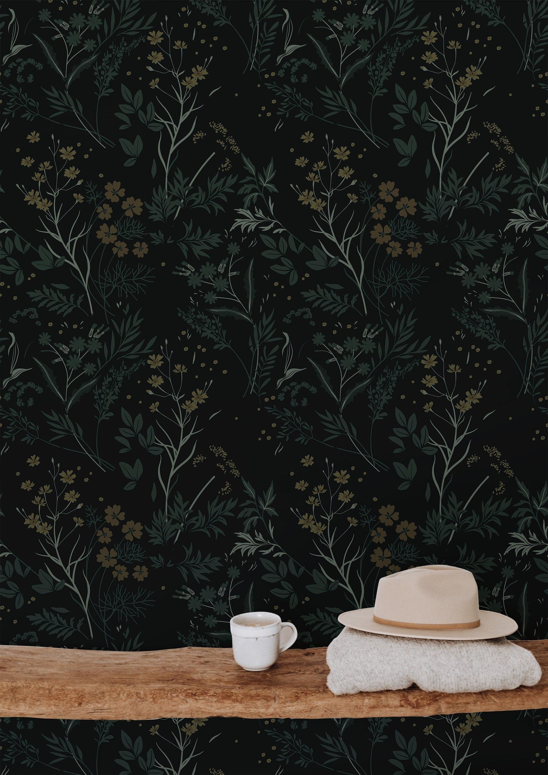 1 Panel of 24in (2ft) x 36in (3ft) Dark Moody Garden Green Tan Floral DISCOUNTED Peel and Stick Wallpaper 862
