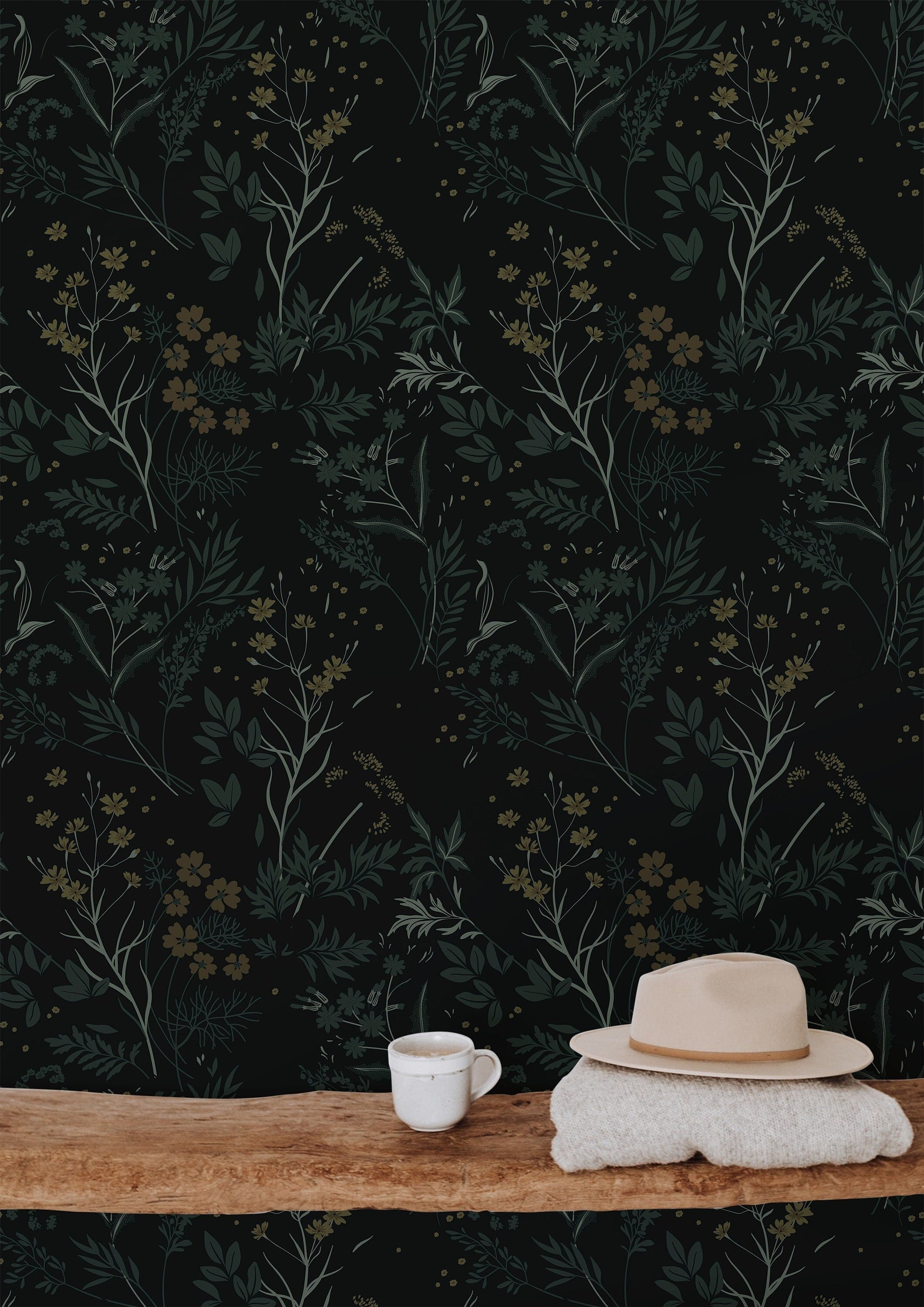 Dark Moody Garden Green Tan Floral Wallpaper Peel and Stick Wallpaper Removable Wallpaper Wall Decor Home Decor Wall Art Room Decor 862