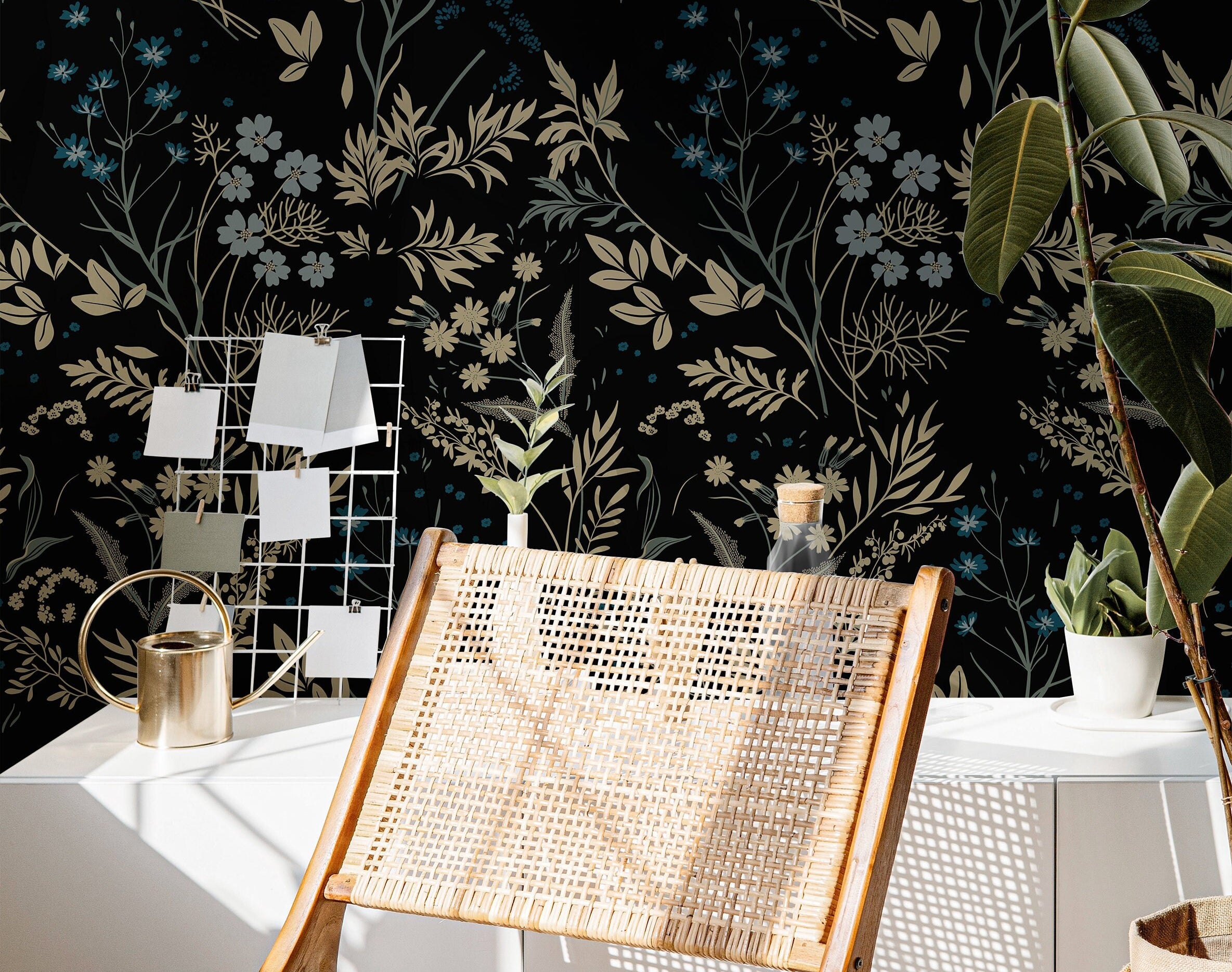 Wallpaper 859: A sophisticated dark botanical wallpaper featuring hand-drawn wildflowers, delicate foliage, and soft floral details in muted gold, blue, and green tones against a deep black background, creating a striking nature-inspired statement wall.