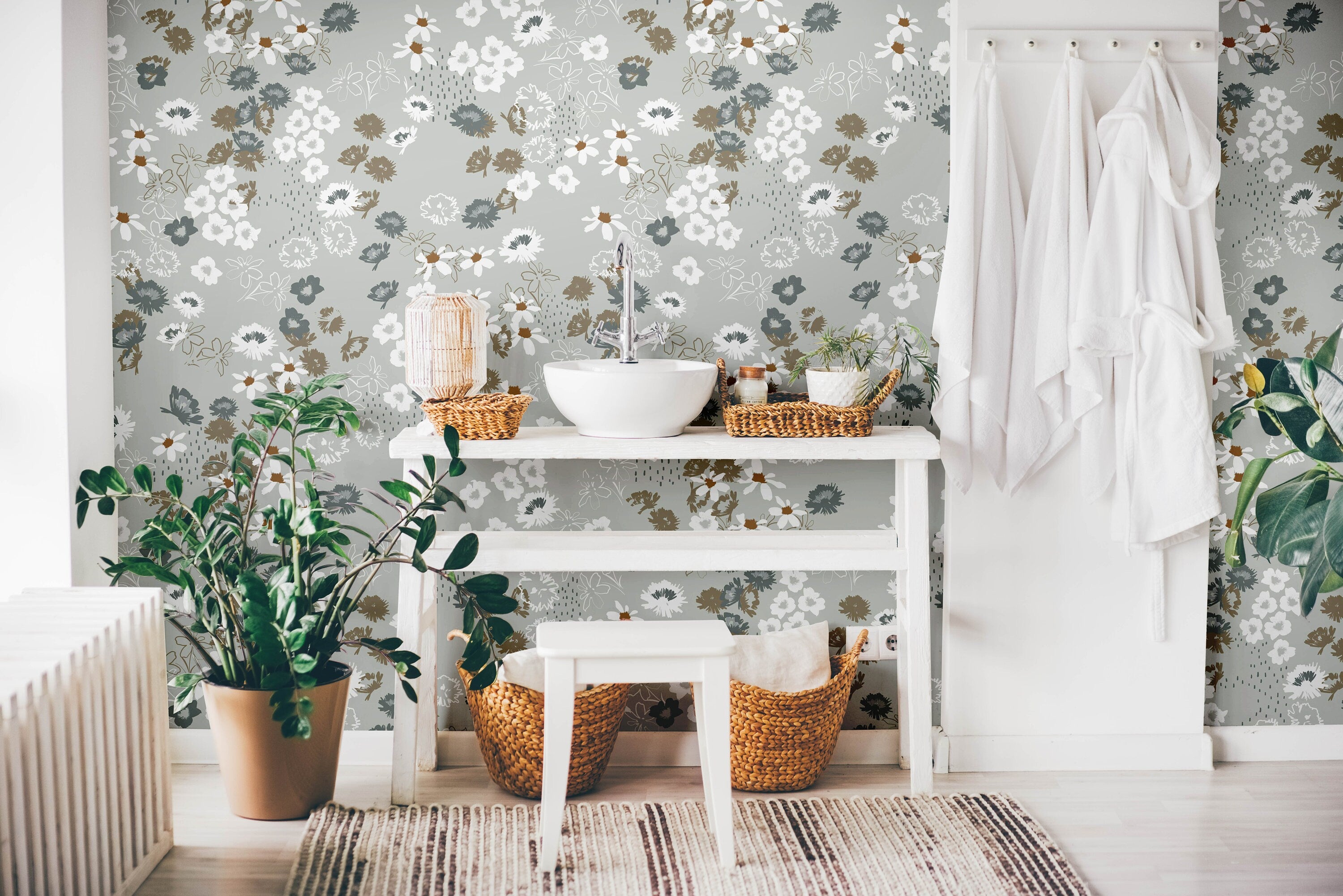 Gray White Beige Floral Garden Wallpaper Peel and Stick Wallpaper Removable Wallpaper Wall Decor Home Decor Wall Art Room Decor 857