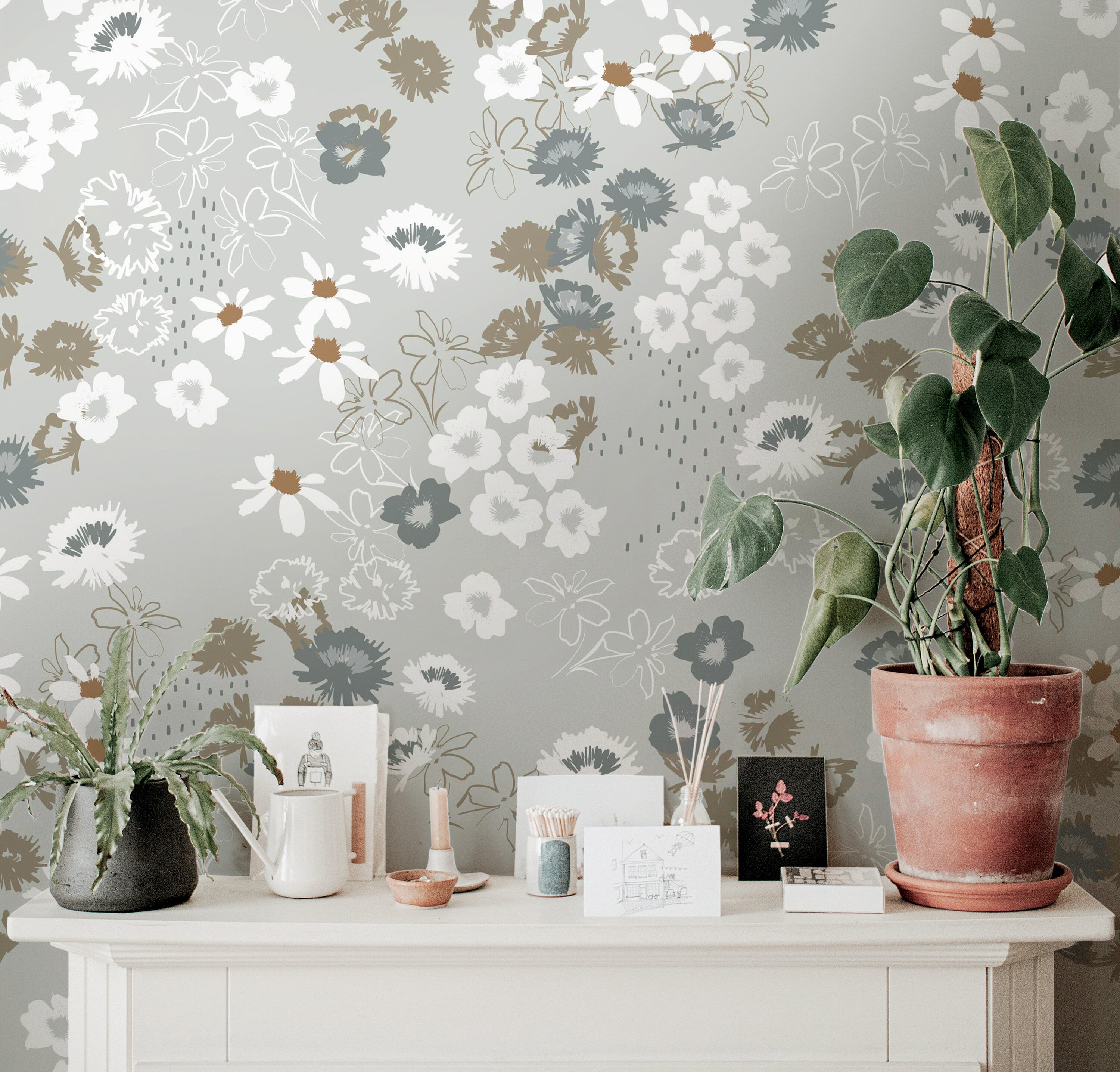 Gray White Beige Floral Garden Wallpaper Peel and Stick Wallpaper Removable Wallpaper Wall Decor Home Decor Wall Art Room Decor 857