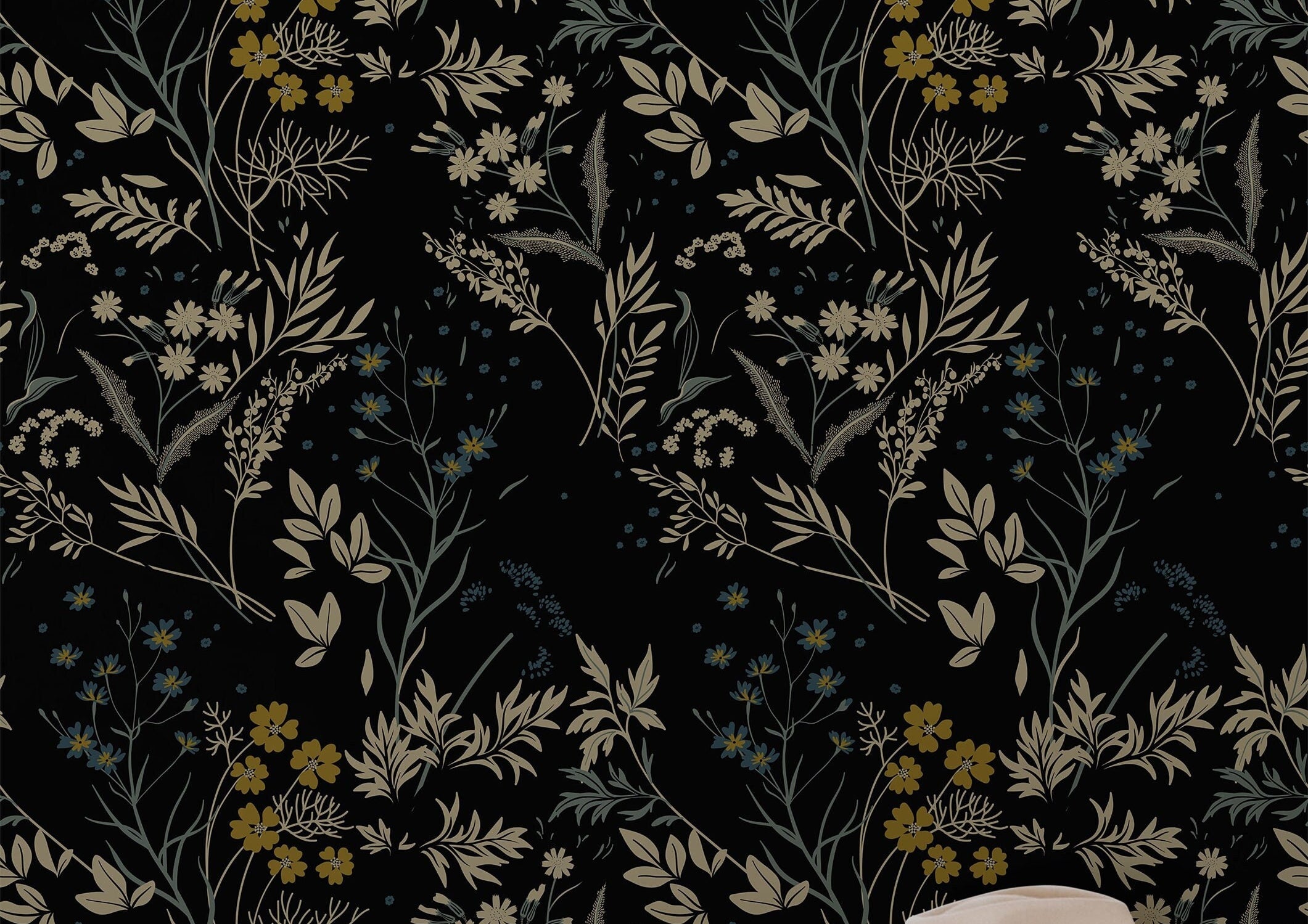Wallpaper 860: A sophisticated dark floral wallpaper featuring beige, gold, and muted blue wildflowers on a deep black background. The vintage botanical design adds a moody yet elegant touch to modern and cottagecore interiors.
