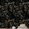 Wallpaper 860: A sophisticated dark floral wallpaper featuring beige, gold, and muted blue wildflowers on a deep black background. The vintage botanical design adds a moody yet elegant touch to modern and cottagecore interiors.