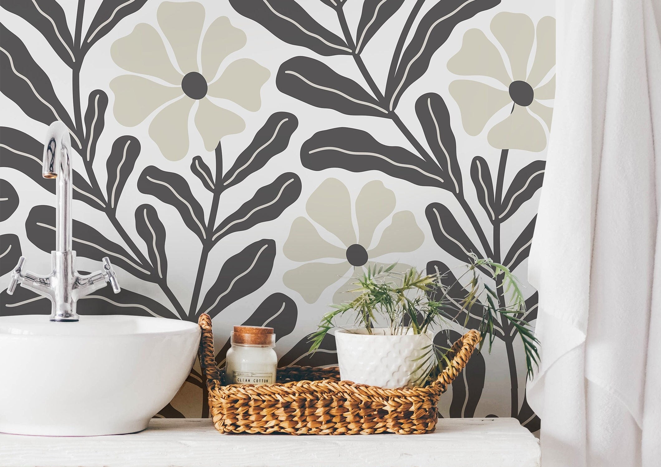 Wallpaper 845: Minimalist floral wallpaper featuring bold black botanical silhouettes and soft neutral flowers, creating a contemporary and sophisticated wallcovering for modern interiors.
