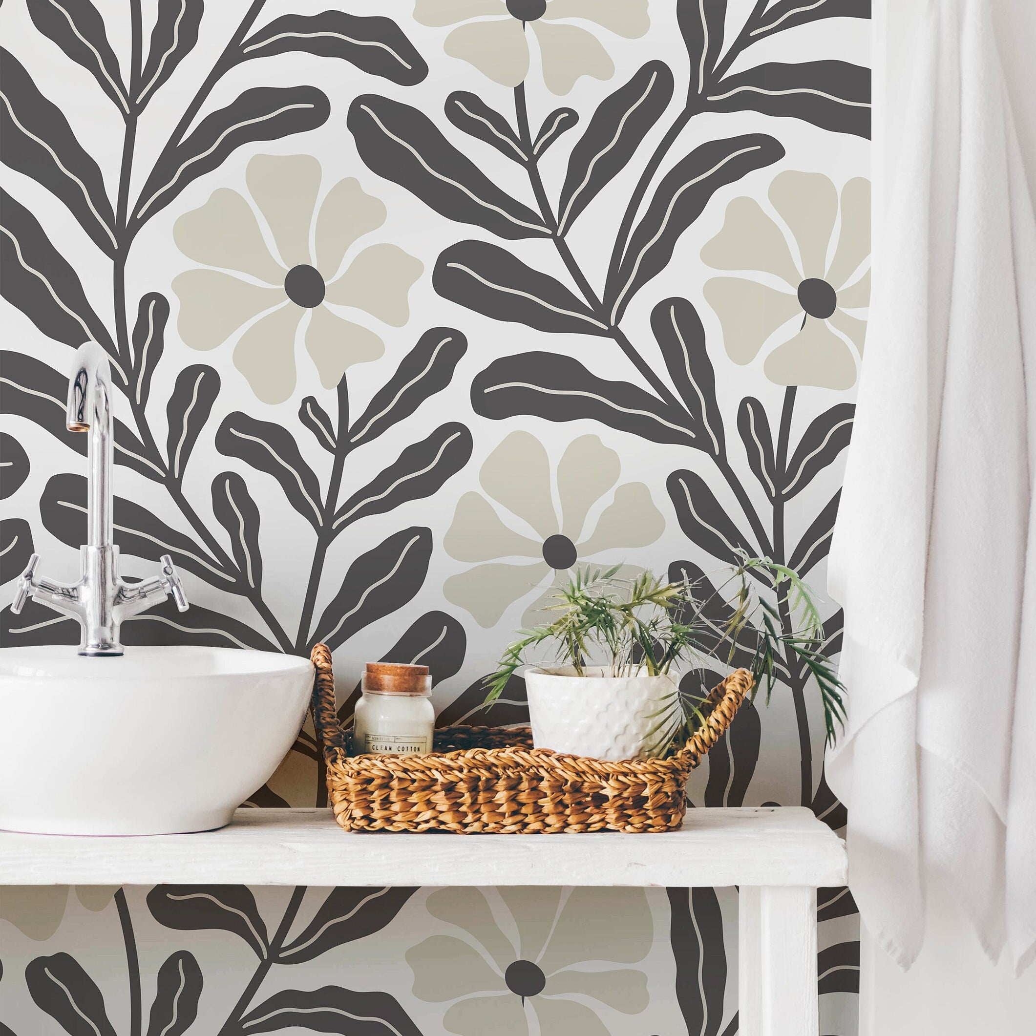 Wallpaper 845: Minimalist floral wallpaper featuring bold black botanical silhouettes and soft neutral flowers, creating a contemporary and sophisticated wallcovering for modern interiors.