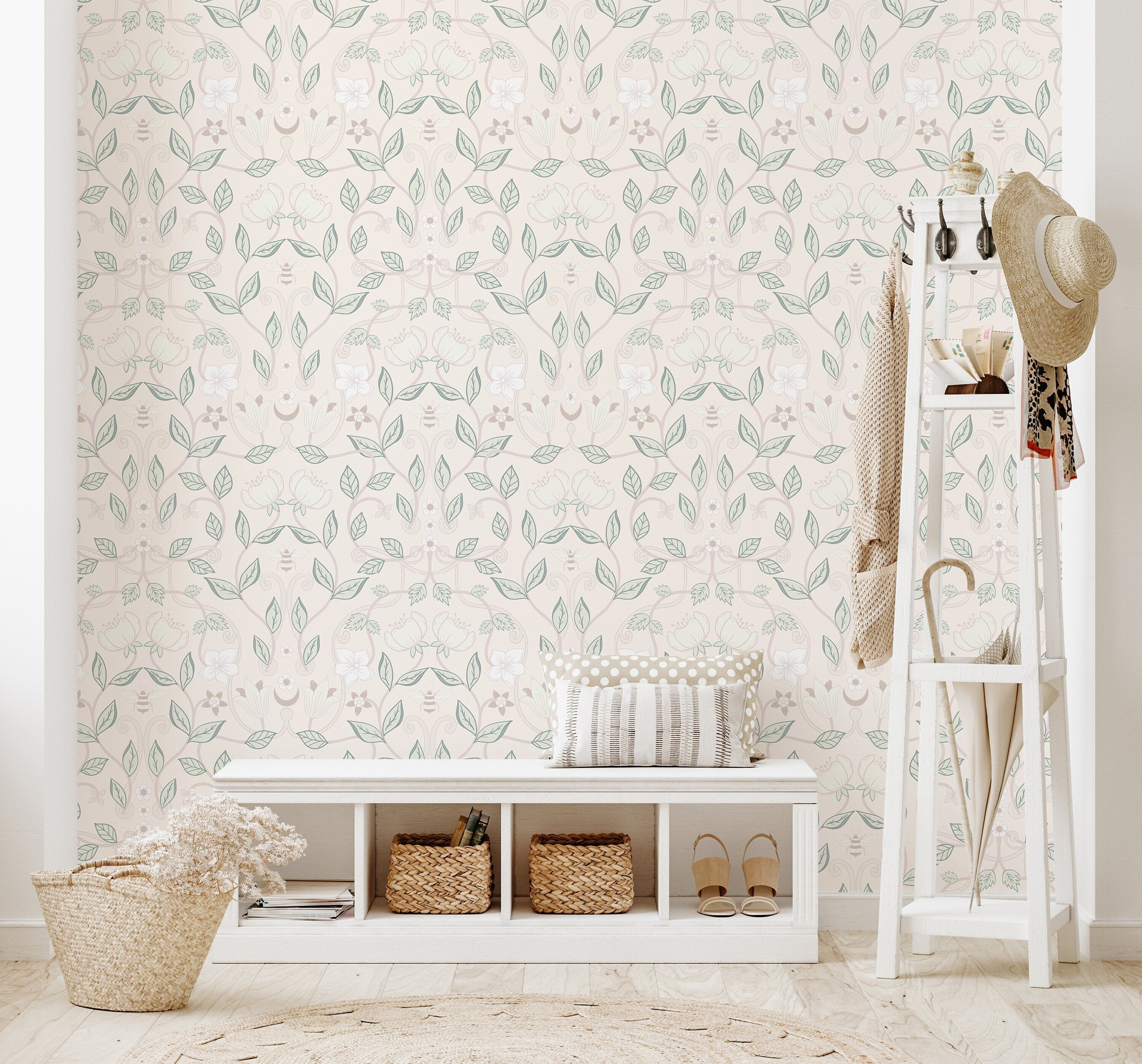 Wallpaper Peel and Stick Wallpaper Light Floral Pastel Vines Muted Pink Removable Wallpaper Wall Decor Home Decor Wall Art Room Decor 1002 - James And Colors