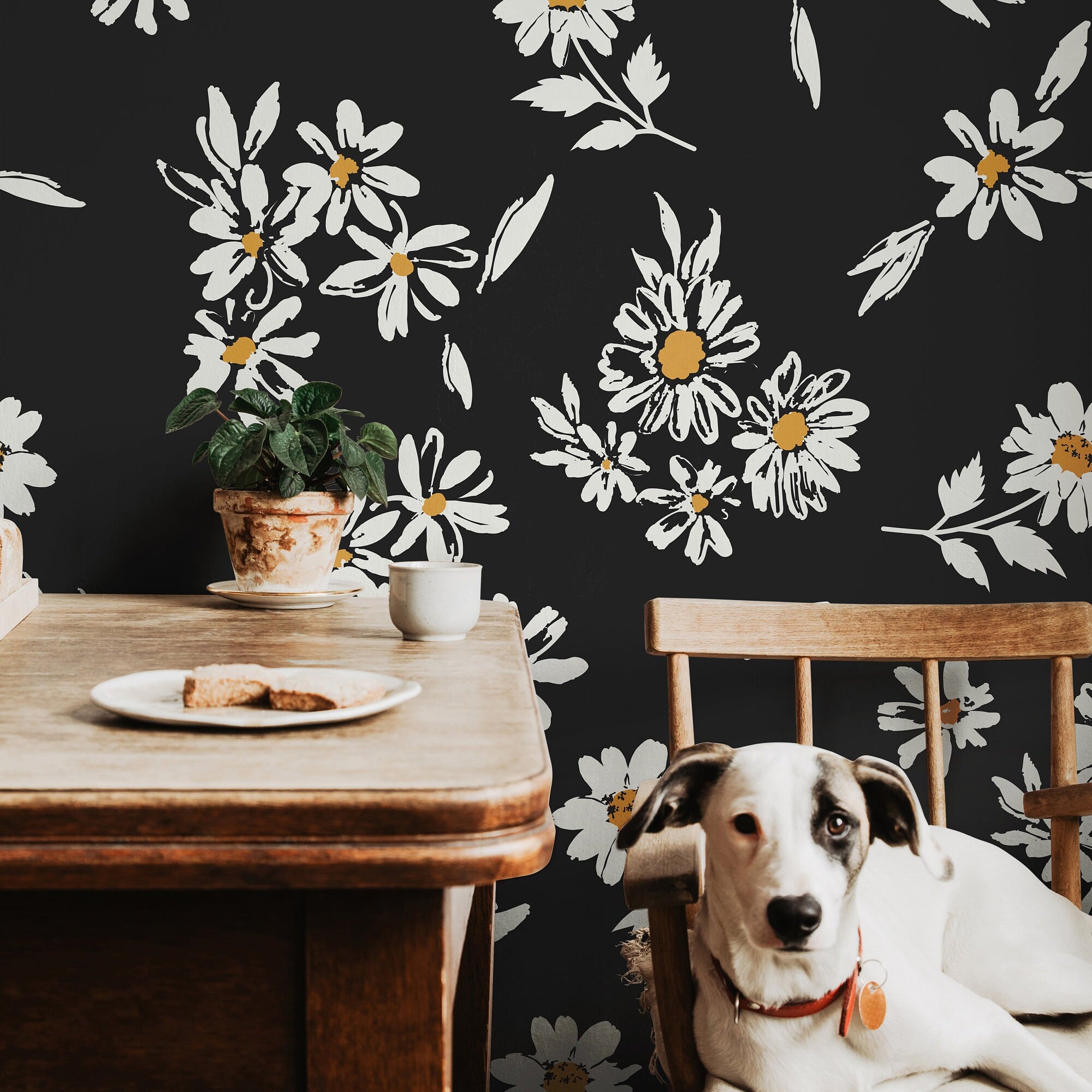 Wallpaper Peel and Stick Wallpaper Black and White Floral Golden Yellow Removable Wallpaper Wall Decor Home Decor Wall Art Room Decor 1037 - James And Colors
