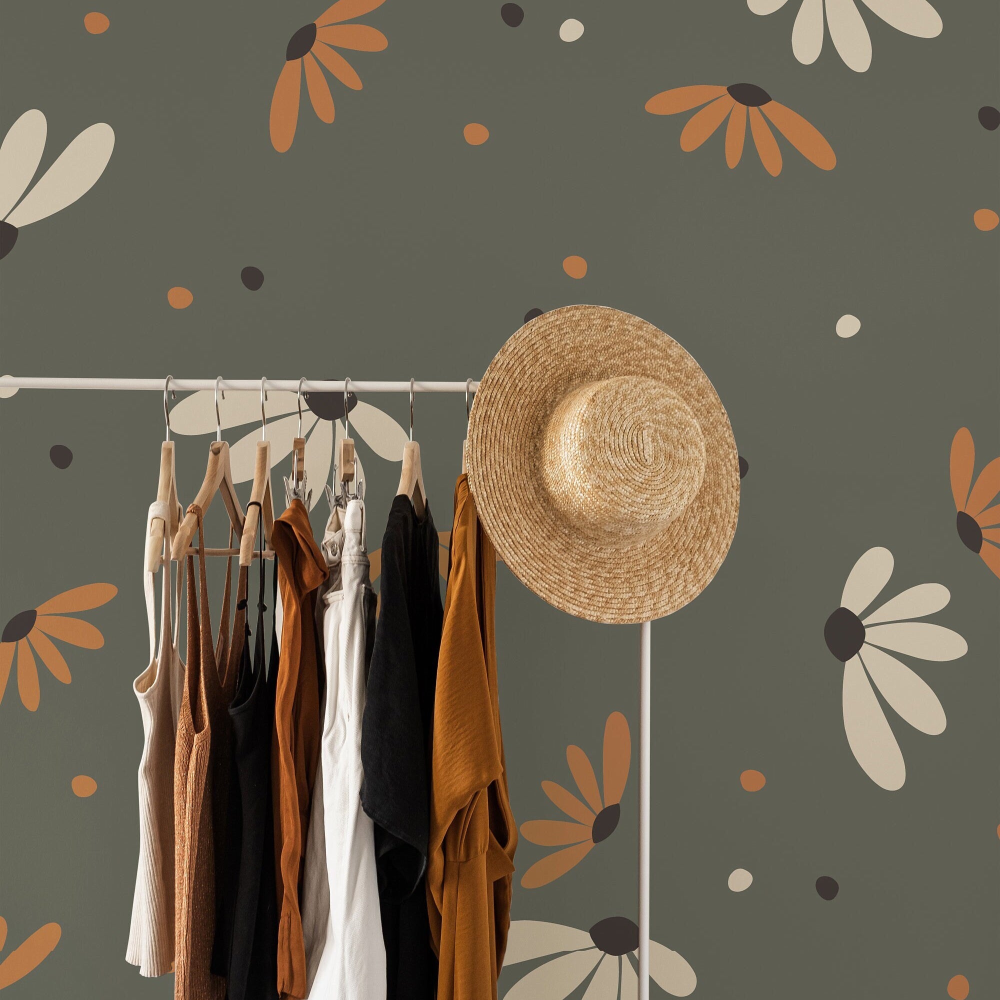 Wallpaper Peel and Stick Wallpaper Boho Floral Daisy Olive Yellow Cream Removable Wallpaper Wall Decor Home Decor Wall Art Room Decor 1038a - James And Colors