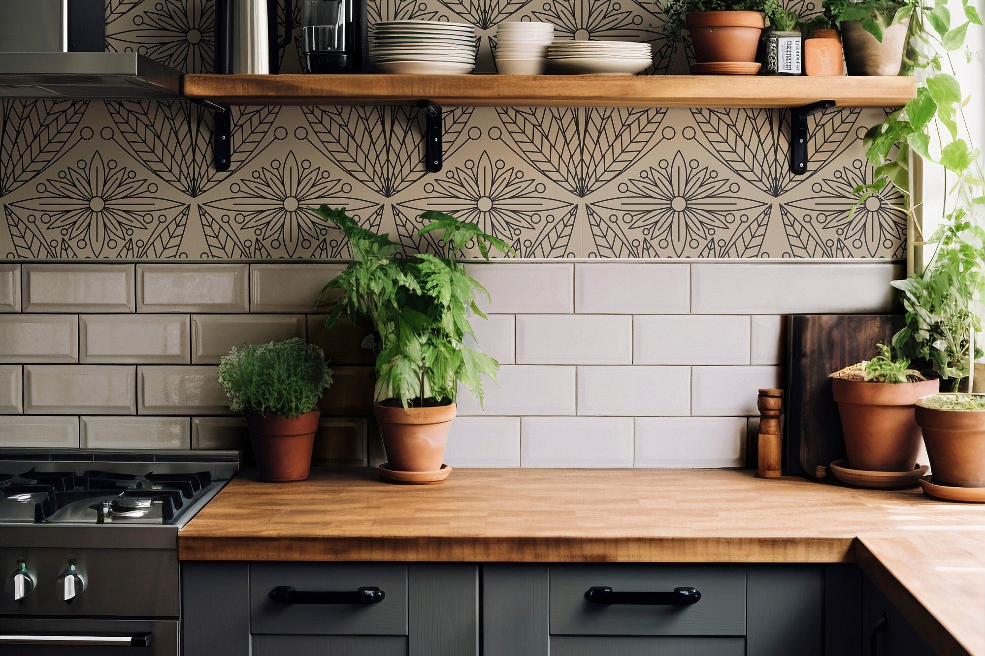 Wallpaper 1097:  A modern kitchen featuring a geometric-patterned backsplash in black and beige. The design adds a stylish, contemporary touch to the space, complemented by wooden countertops, gray cabinetry, and potted greenery.