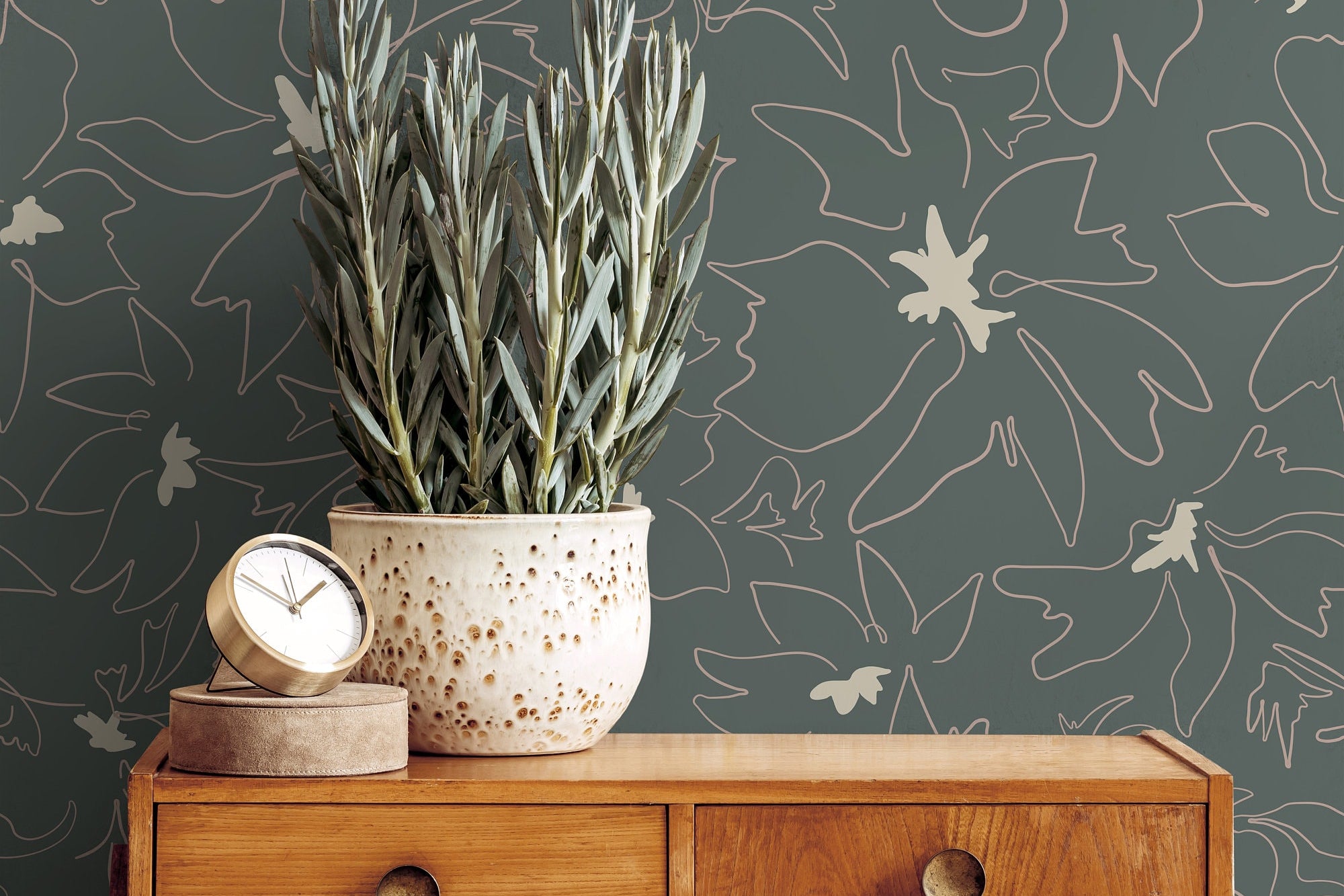 Wallpaper Peel and Stick Wallpaper Dark Green Floral Outline Abstract Removable Wallpaper Wall Decor Home Decor Wall Art Room Decor 1126a - James And Colors