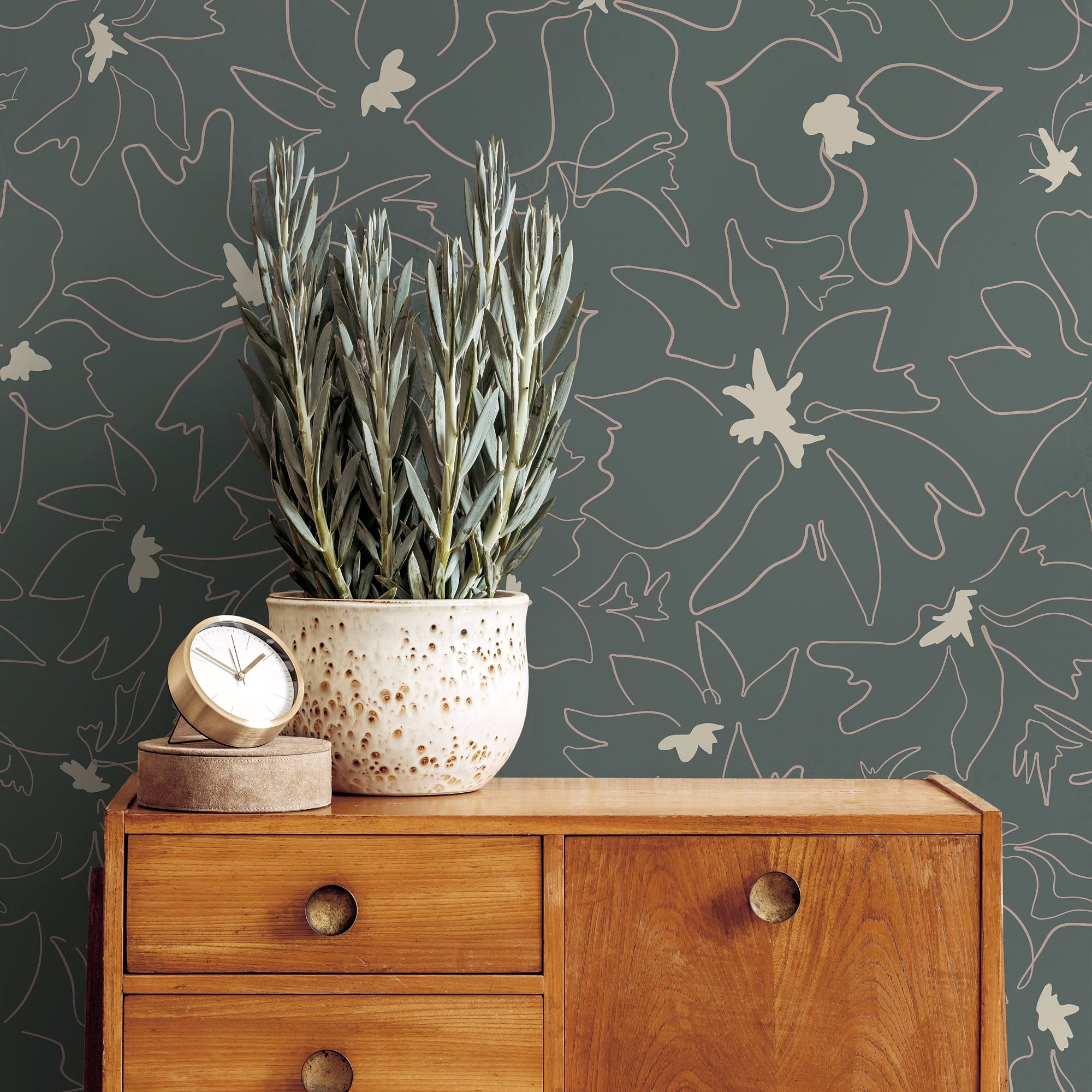 Wallpaper Peel and Stick Wallpaper Dark Green Floral Outline Abstract Removable Wallpaper Wall Decor Home Decor Wall Art Room Decor 1126a - James And Colors