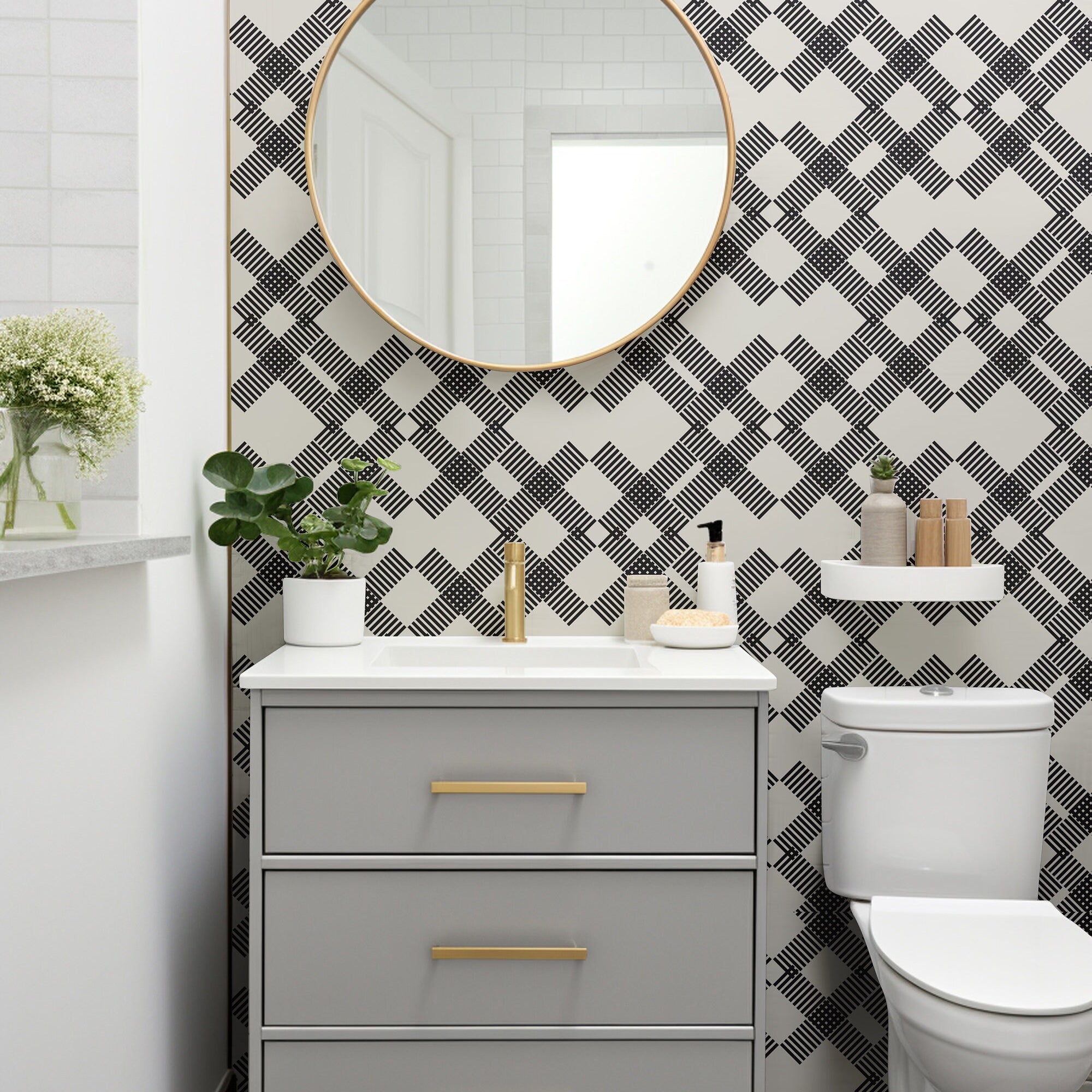 Midnight Plaid Charm – Bold Black Checkered Elegance Room Modern Decor Black and Cream Checkered Wallpaper Pattern 1135a - James And Colors