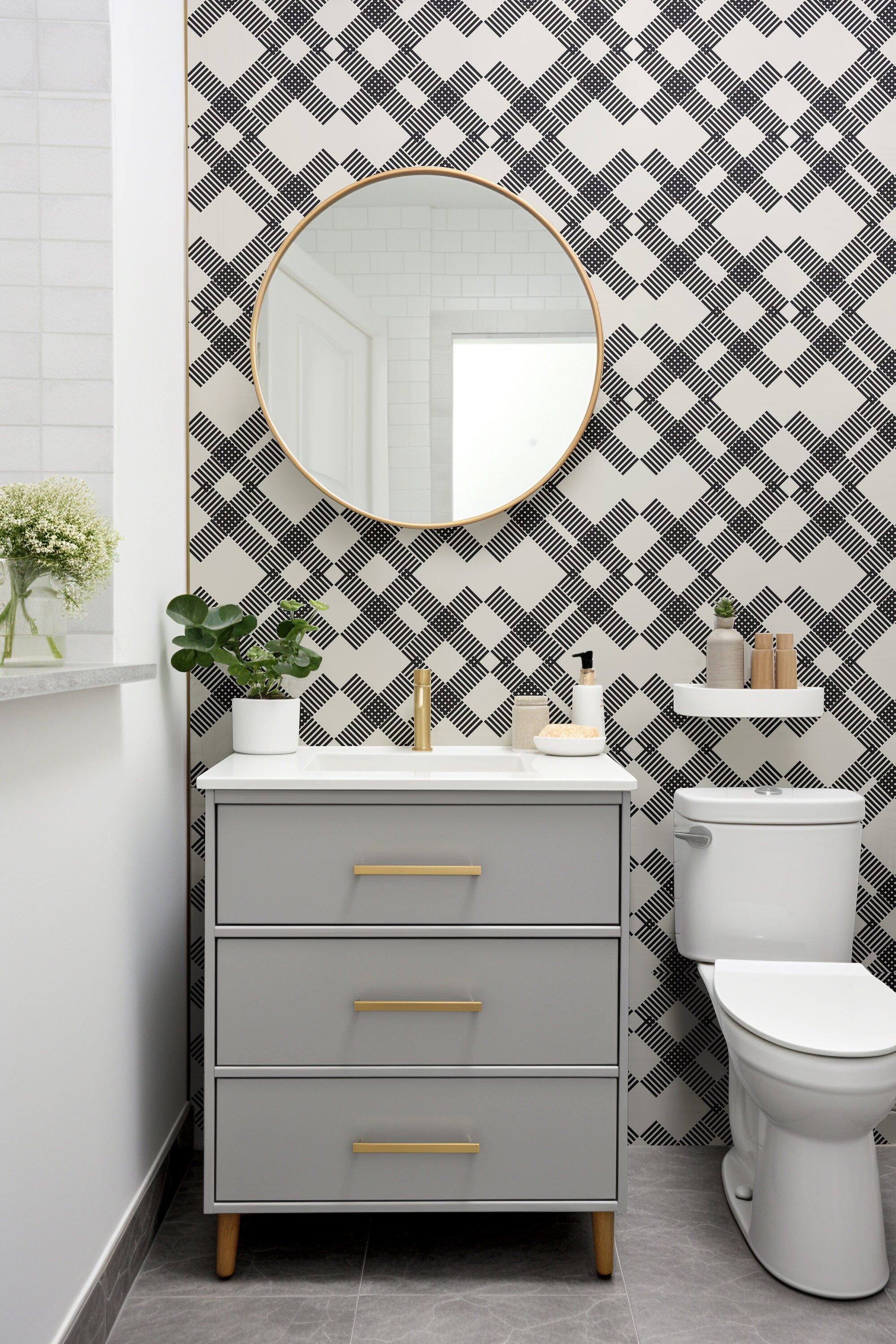 Midnight Plaid Charm – Bold Black Checkered Elegance Room Modern Decor Black and Cream Checkered Wallpaper Pattern 1135a - James And Colors