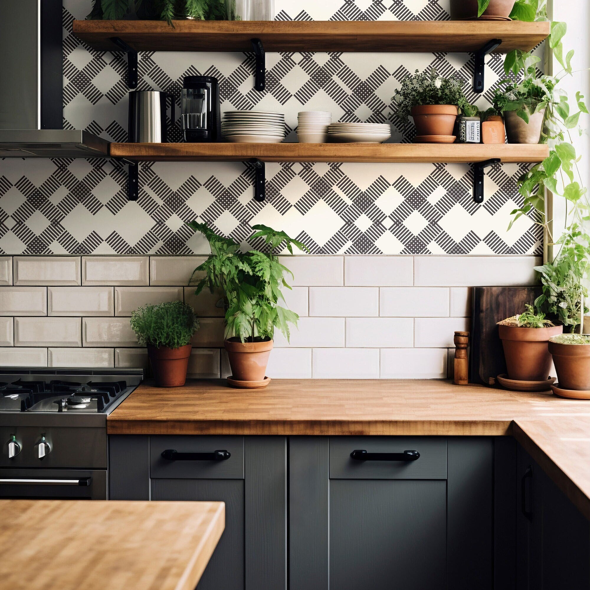 Midnight Plaid Charm – Bold Black Checkered Elegance Room Modern Decor Black and Cream Checkered Wallpaper Pattern 1135a - James And Colors