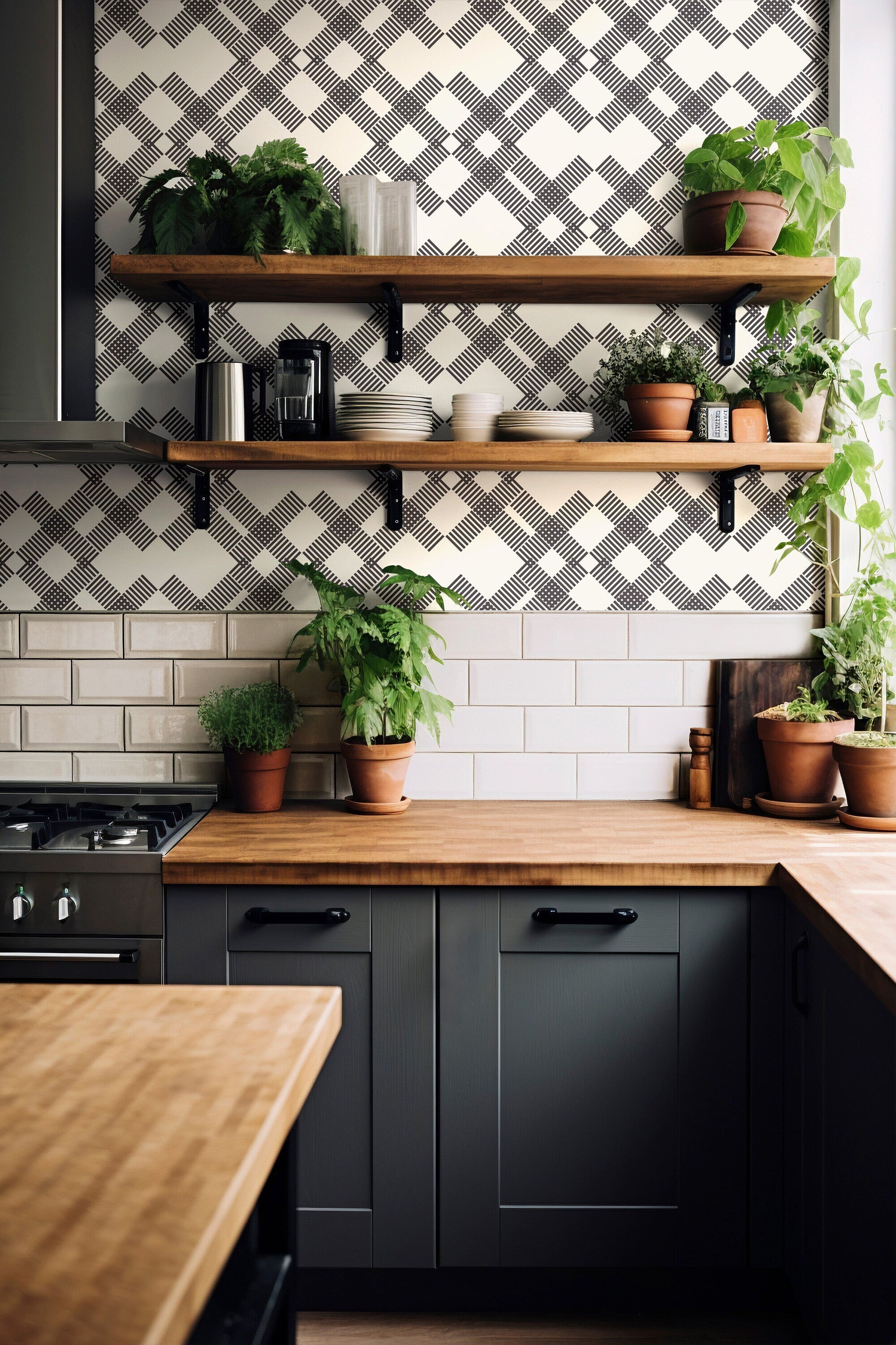 Midnight Plaid Charm – Bold Black Checkered Elegance Room Modern Decor Black and Cream Checkered Wallpaper Pattern 1135a - James And Colors
