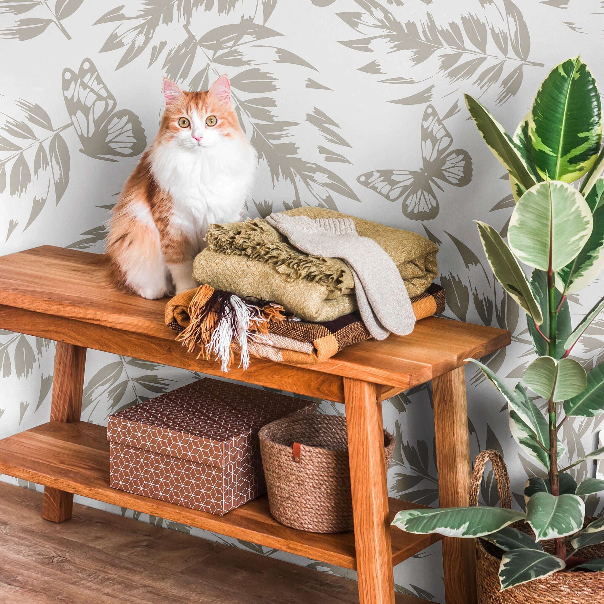 Wallpaper Peel and Stick Wallpaper Neutral Cream Floral Leaf Butterfly Removable Wallpaper Wall Decor Home Decor Wall Art Room Decor 1028 - James And Colors