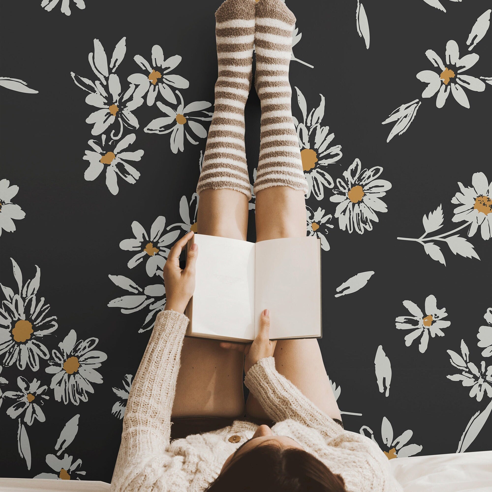 Wallpaper Peel and Stick Wallpaper Black and White Floral Golden Yellow Removable Wallpaper Wall Decor Home Decor Wall Art Room Decor 1037 - James And Colors