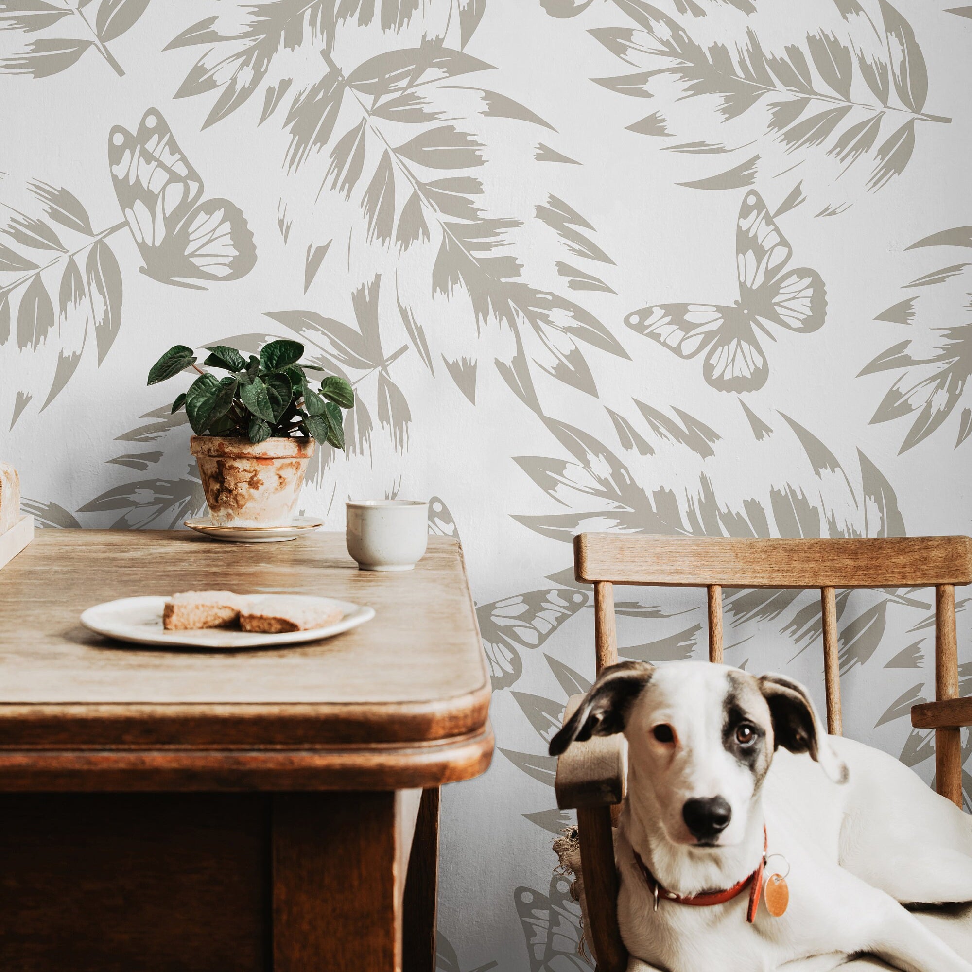 Wallpaper Peel and Stick Wallpaper Neutral Cream Floral Leaf Butterfly Removable Wallpaper Wall Decor Home Decor Wall Art Room Decor 1028 - James And Colors