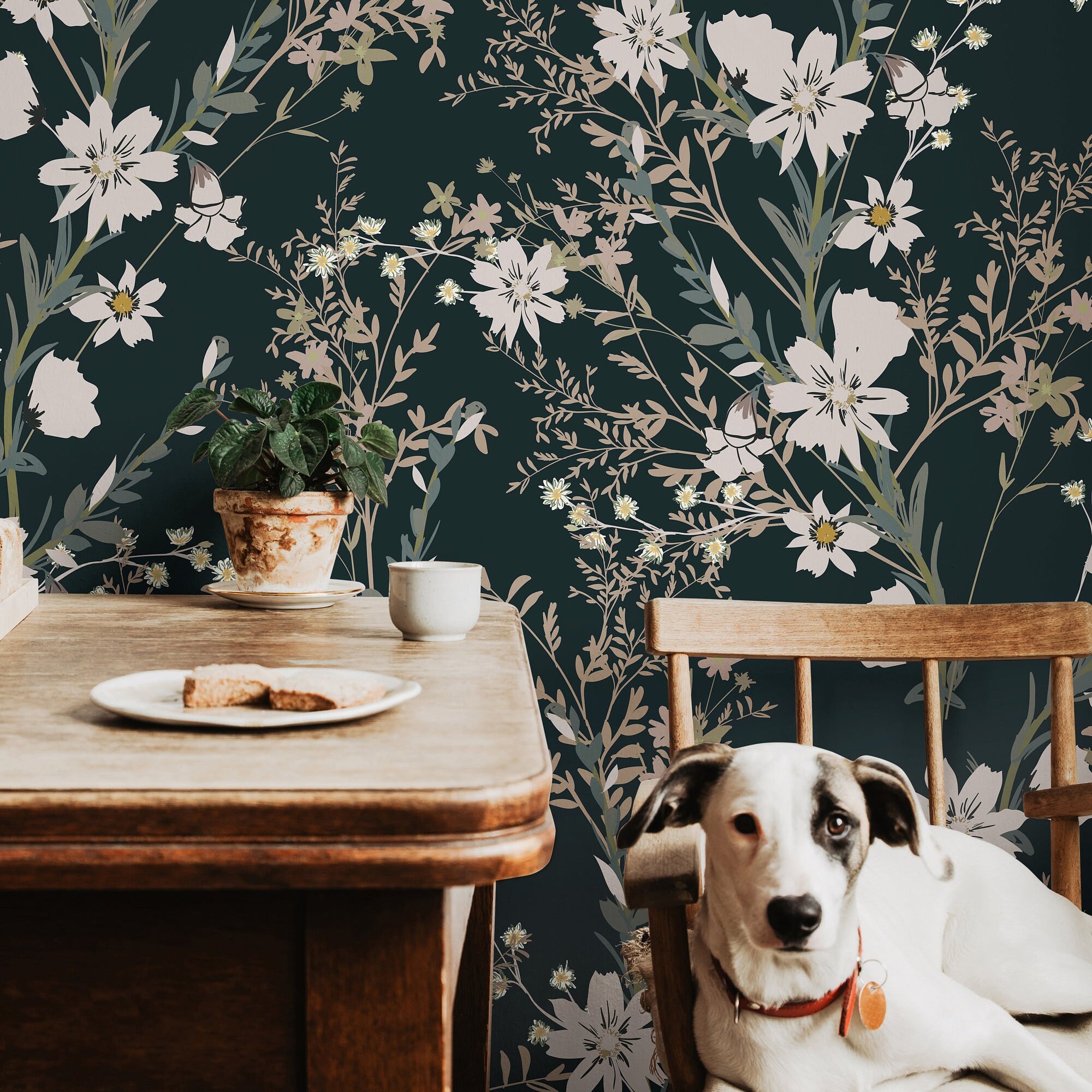 Wallpaper Peel and Stick Wallpaper Dark Teal Floral Garden Removable Wallpaper Wall Decor Home Decor Wall Art Room Decor 1058a - James And Colors