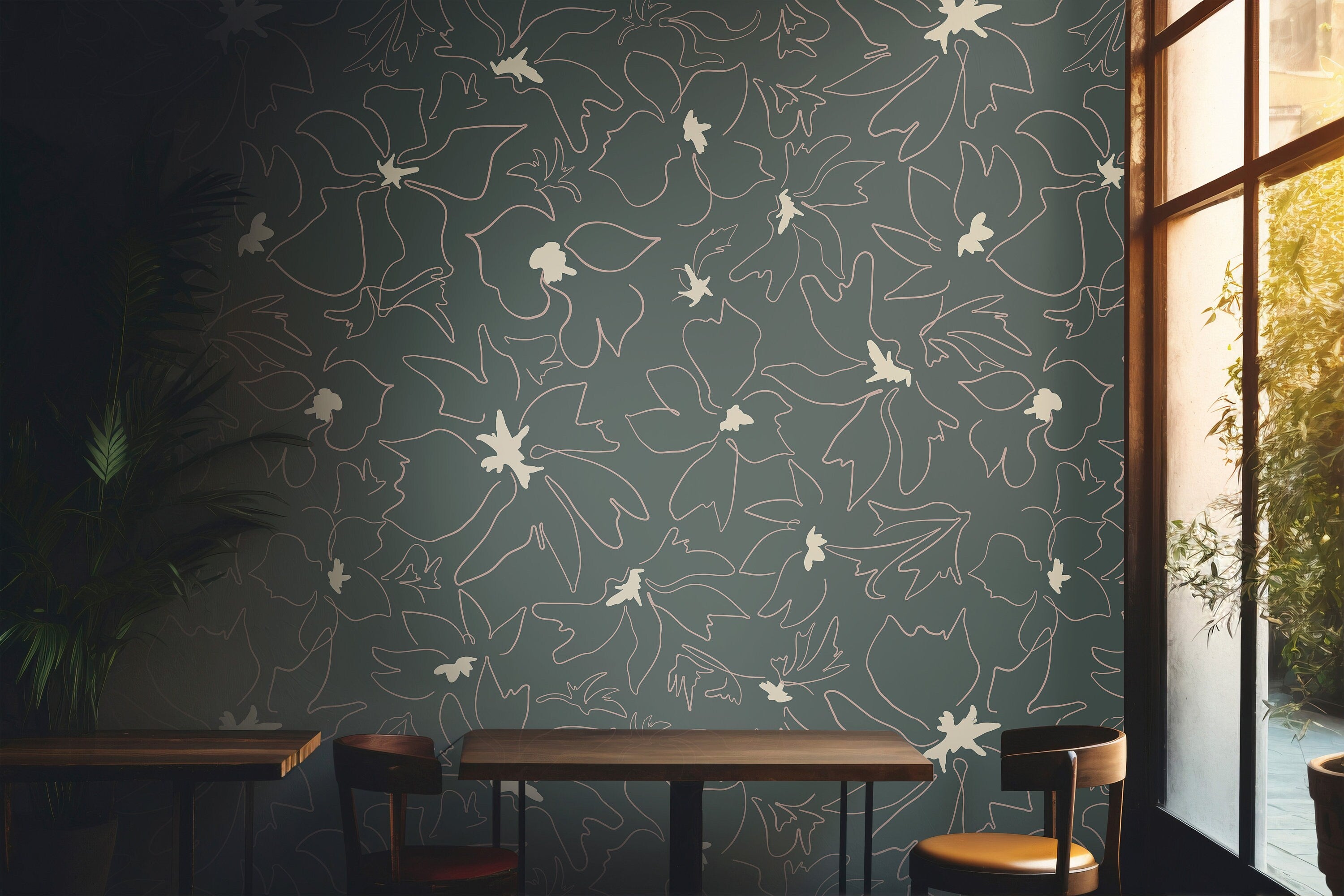 Wallpaper Peel and Stick Wallpaper Dark Green Floral Outline Abstract Removable Wallpaper Wall Decor Home Decor Wall Art Room Decor 1126a - James And Colors