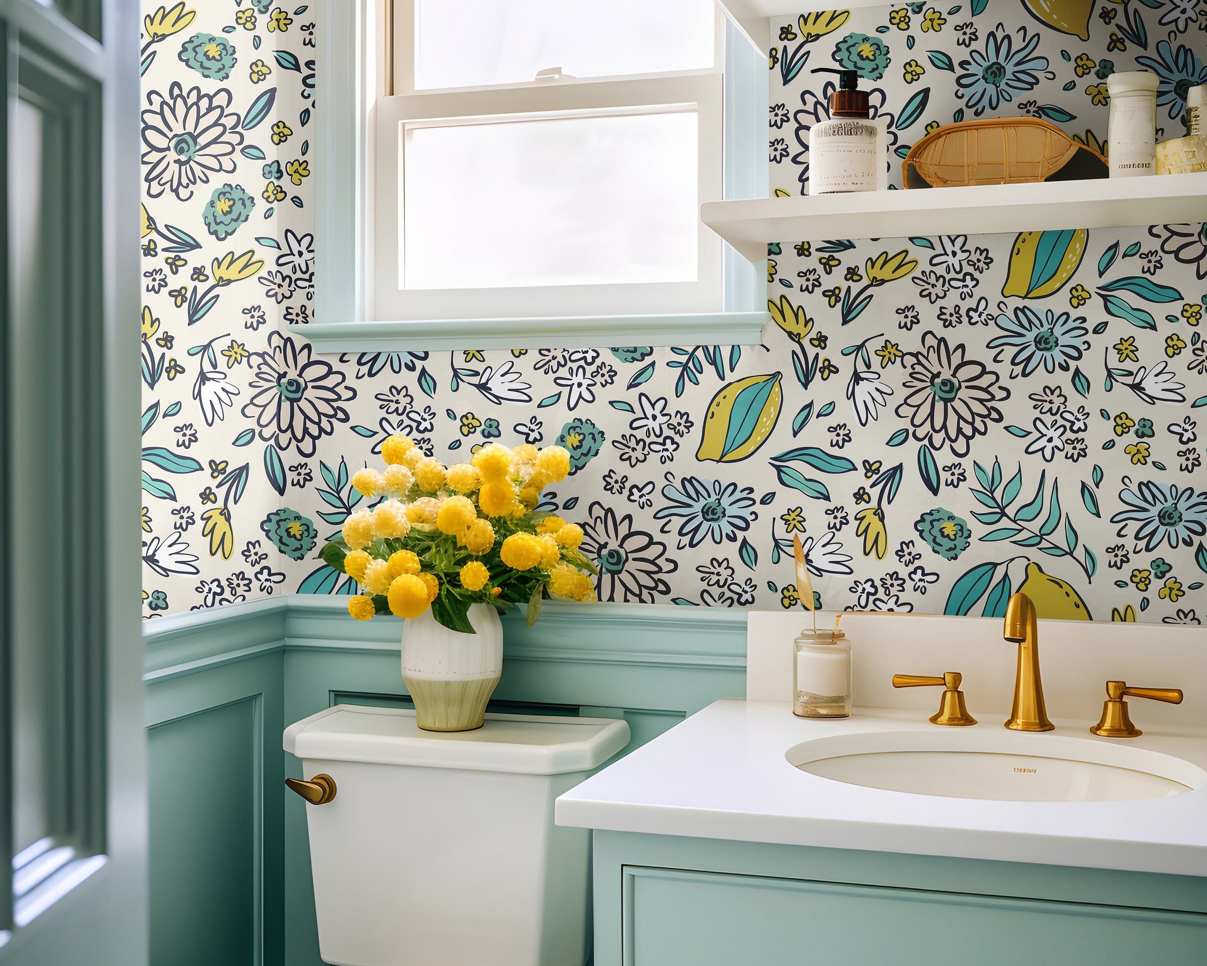 Wallpaper Peel and Stick Wallpaper Colorful Lemons and Floral Doodles Removable Wallpaper Wall Decor Bathroom and Kitchen Room Decor 1129a - James And Colors