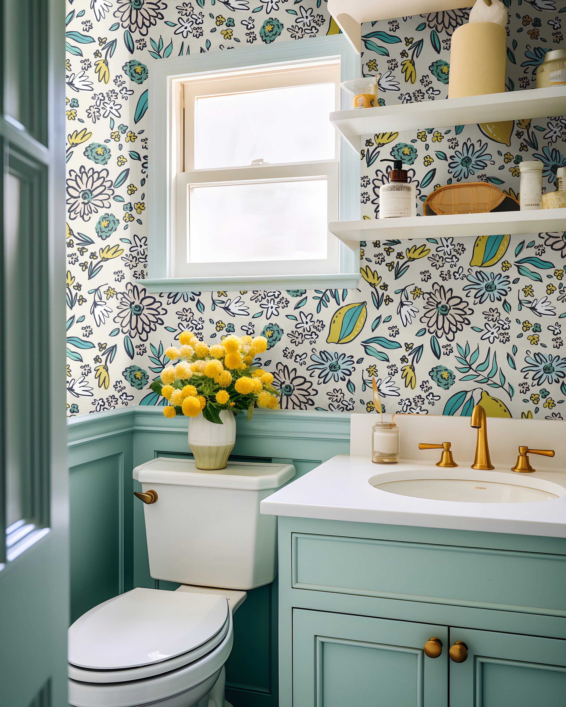 Wallpaper Peel and Stick Wallpaper Colorful Lemons and Floral Doodles Removable Wallpaper Wall Decor Bathroom and Kitchen Room Decor 1129a - James And Colors