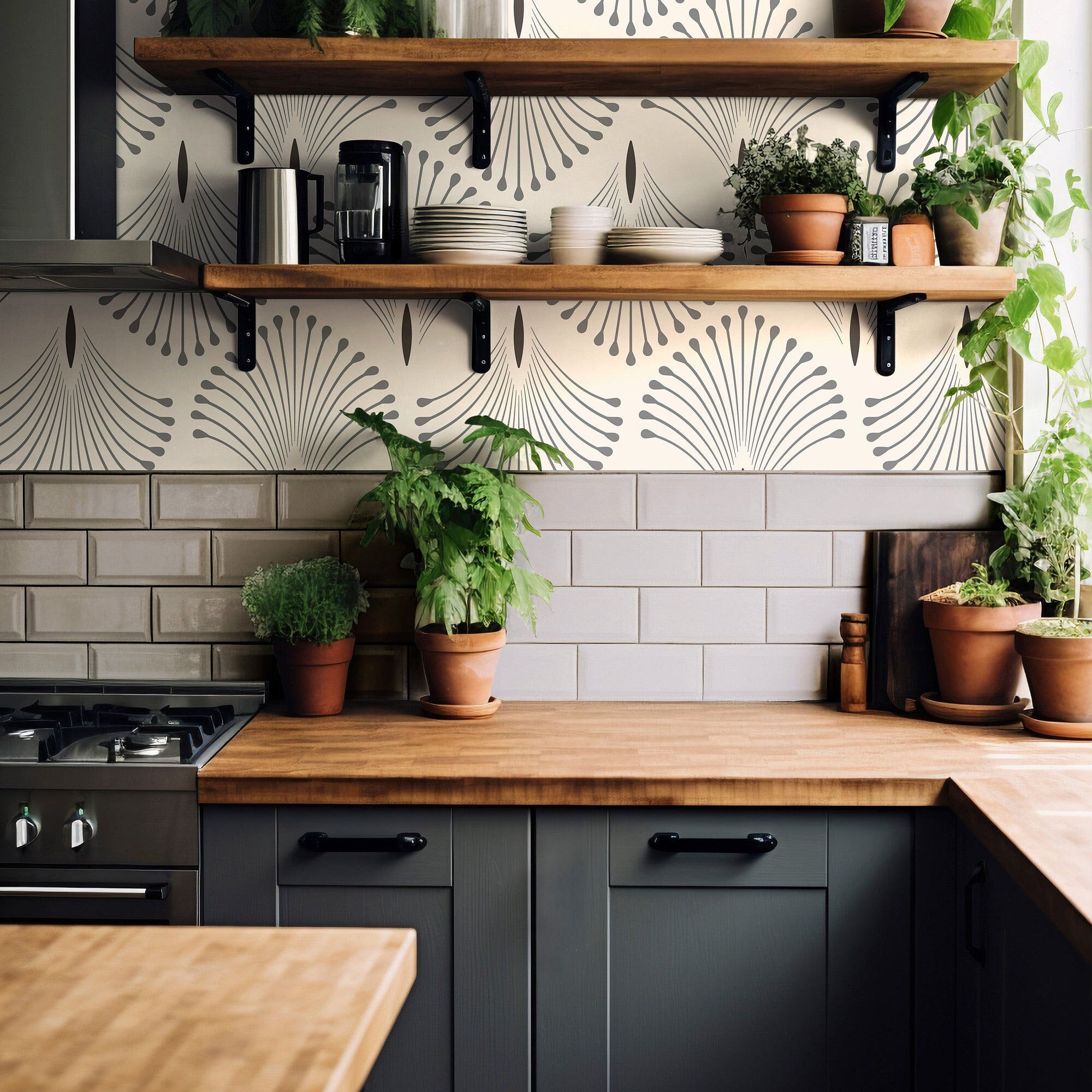 Neutral art deco wallpaper Palm Trail 1096a styled in modern bedroom – James and Colors