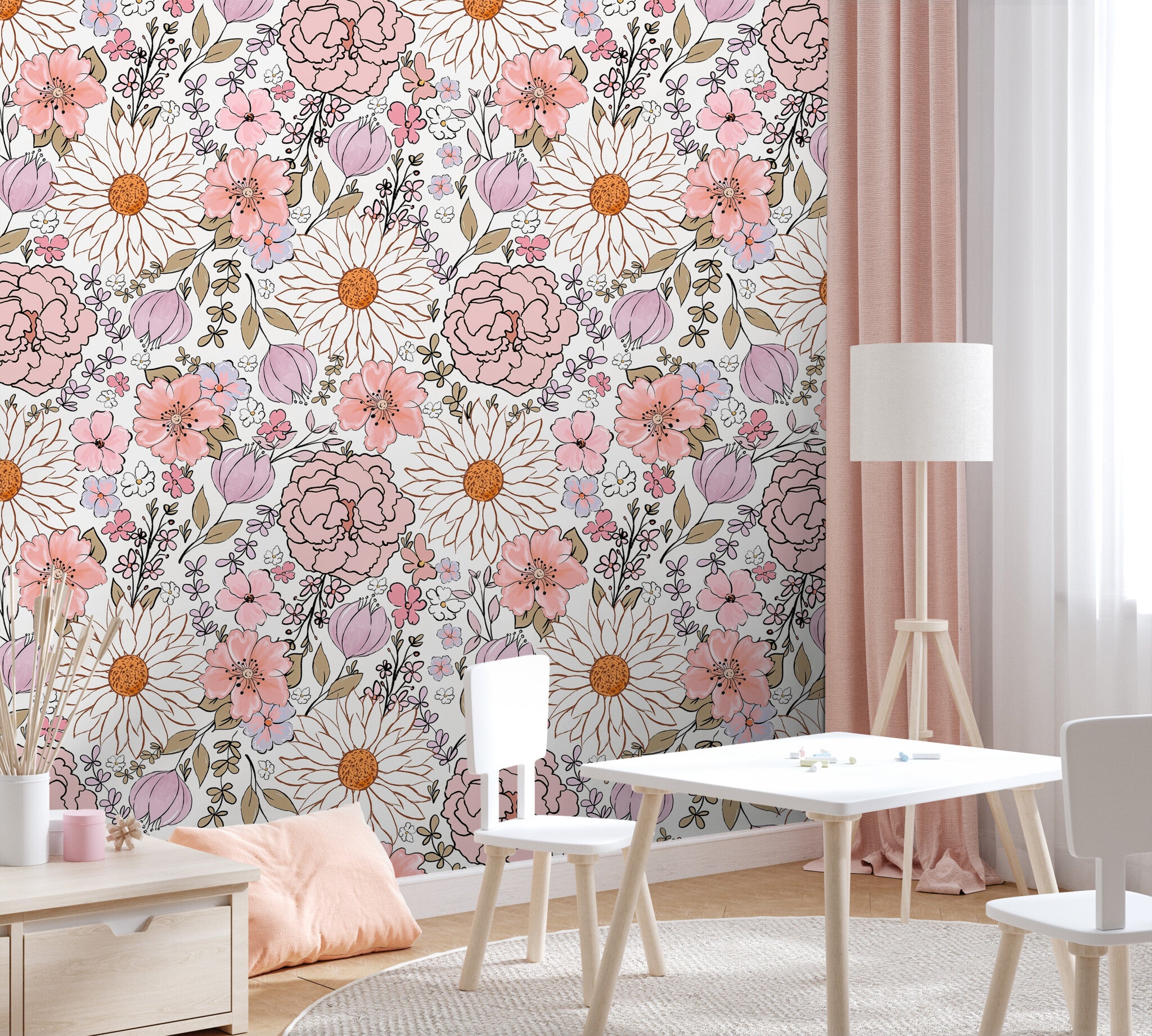 Wallpaper 555a: A bright and charming children's room with soft pink floral wallpaper featuring delicate daisies, peonies, and garden blooms, complemented by pastel decor and natural wood furniture.